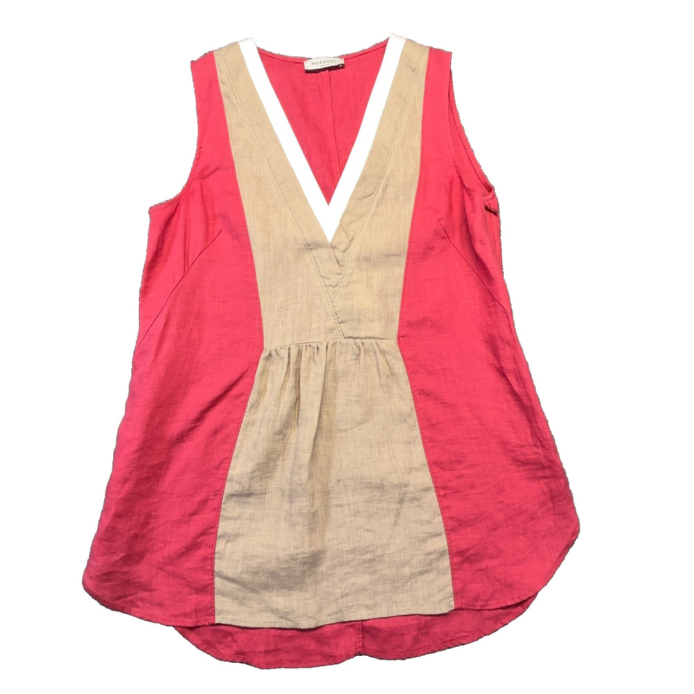 Rosso35 100% Linen Sleeveless Tunic IT 40 US S Color Block V-Neck Made Italy